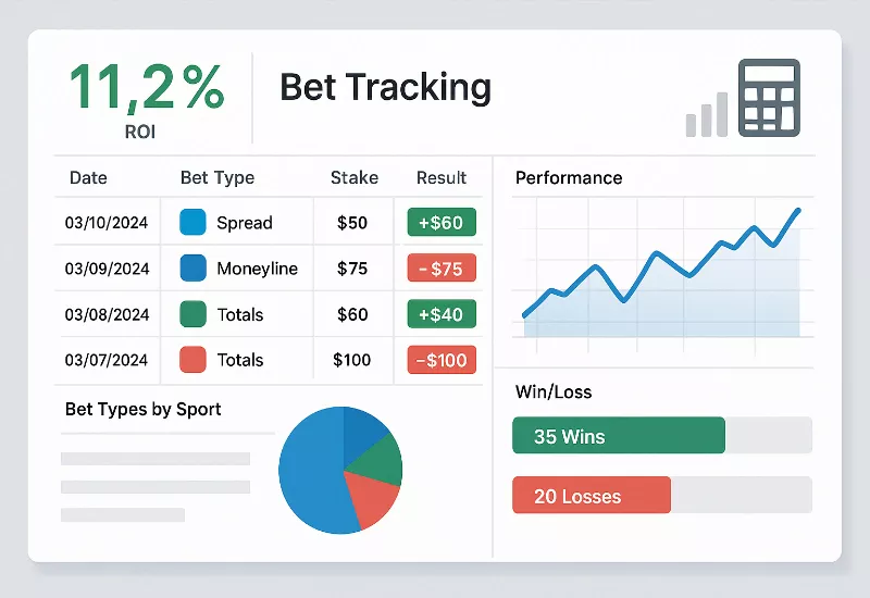Bet Tracking Records Bet tracking dashboard showing detailed records, ROI calculations, performance trends, and statistical analysis