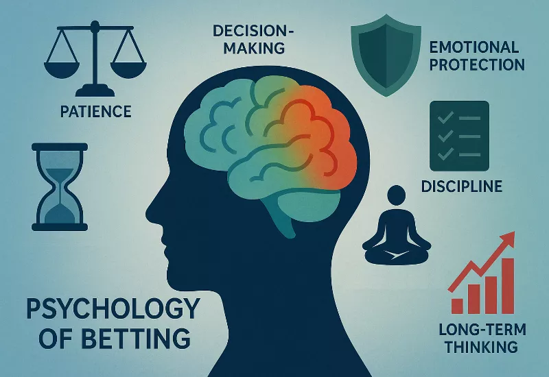 Betting Psychology Mindset Psychology of betting illustration showing emotional control, discipline, patience, and long-term thinking concepts