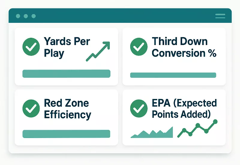 Efficiency Metrics Dashboard Dashboard visualization of important efficiency metrics including yards per play and third down conversion rates