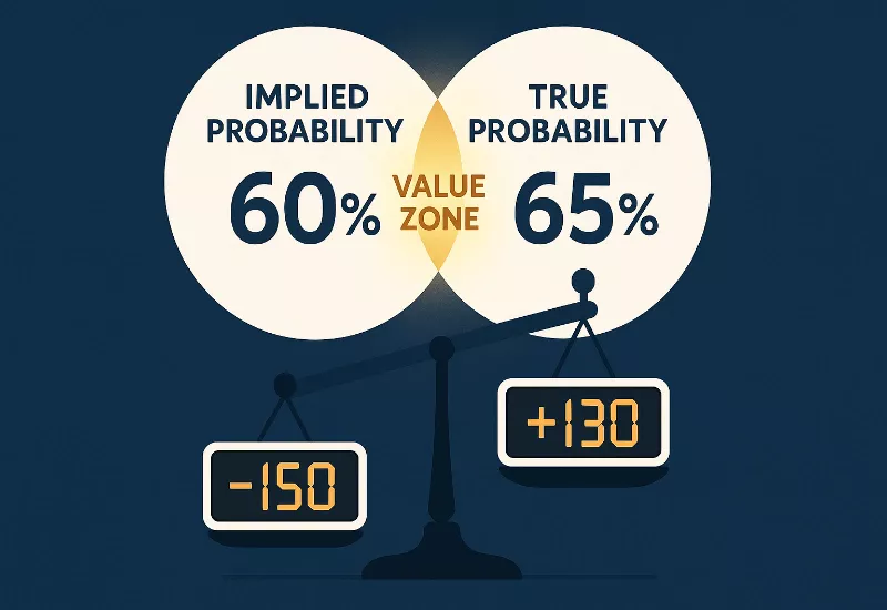 Probability Comparison Chart Infographic comparing implied probability versus true probability in sports betting showing the value zone between them