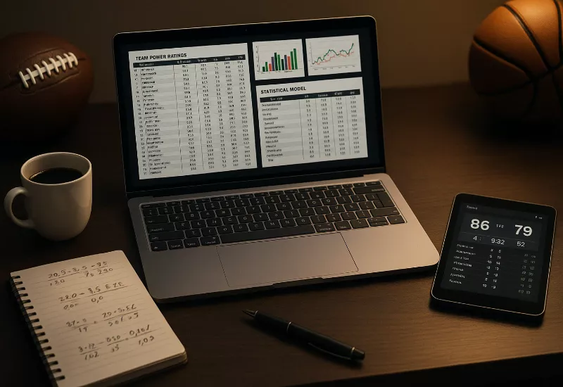 Handicapping Analysis Workspace Professional sports betting analyst workspace with laptop showing statistical models, power ratings and handicapping spreadsheets