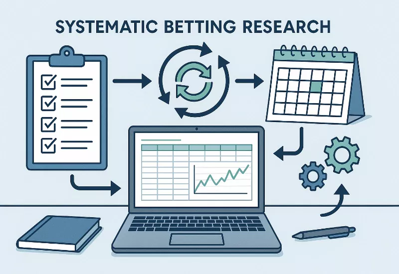 Systematic Research Process Organized workflow diagram showing systematic betting research process with checklists and analytics
