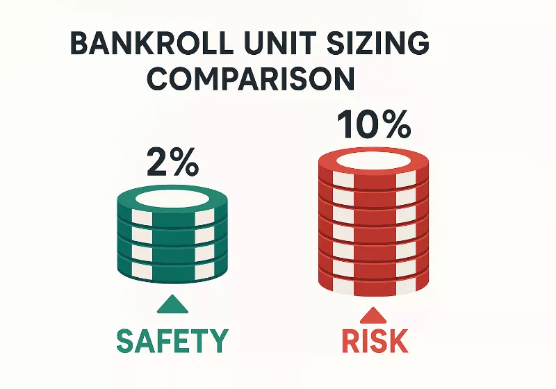 Unit Sizing Chart Unit sizing comparison chart showing 2% versus 10% bankroll betting strategies with risk indicators