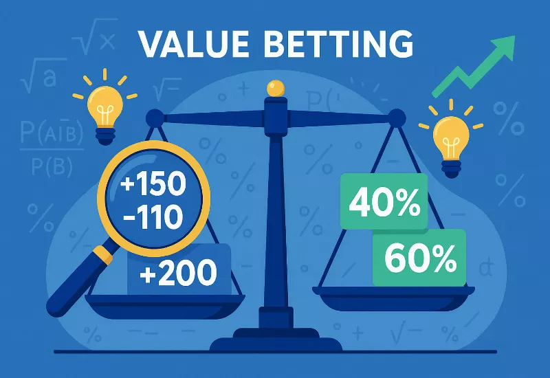 Value Betting Explained Value betting concept illustration showing balance between odds and probability with mathematical calculations